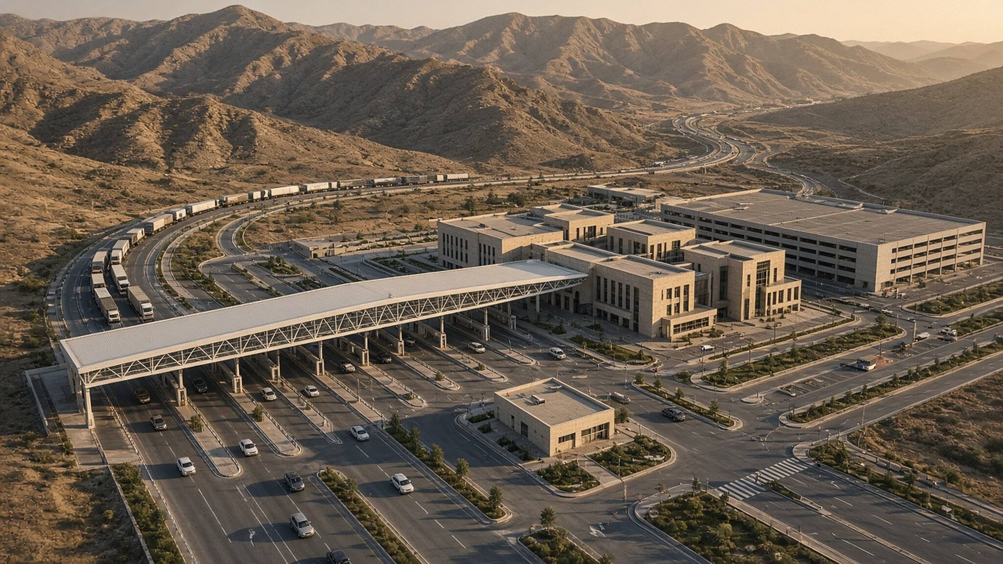 تصور جوي لمجمع منفذ حدودي دولي على خلفية الجبال